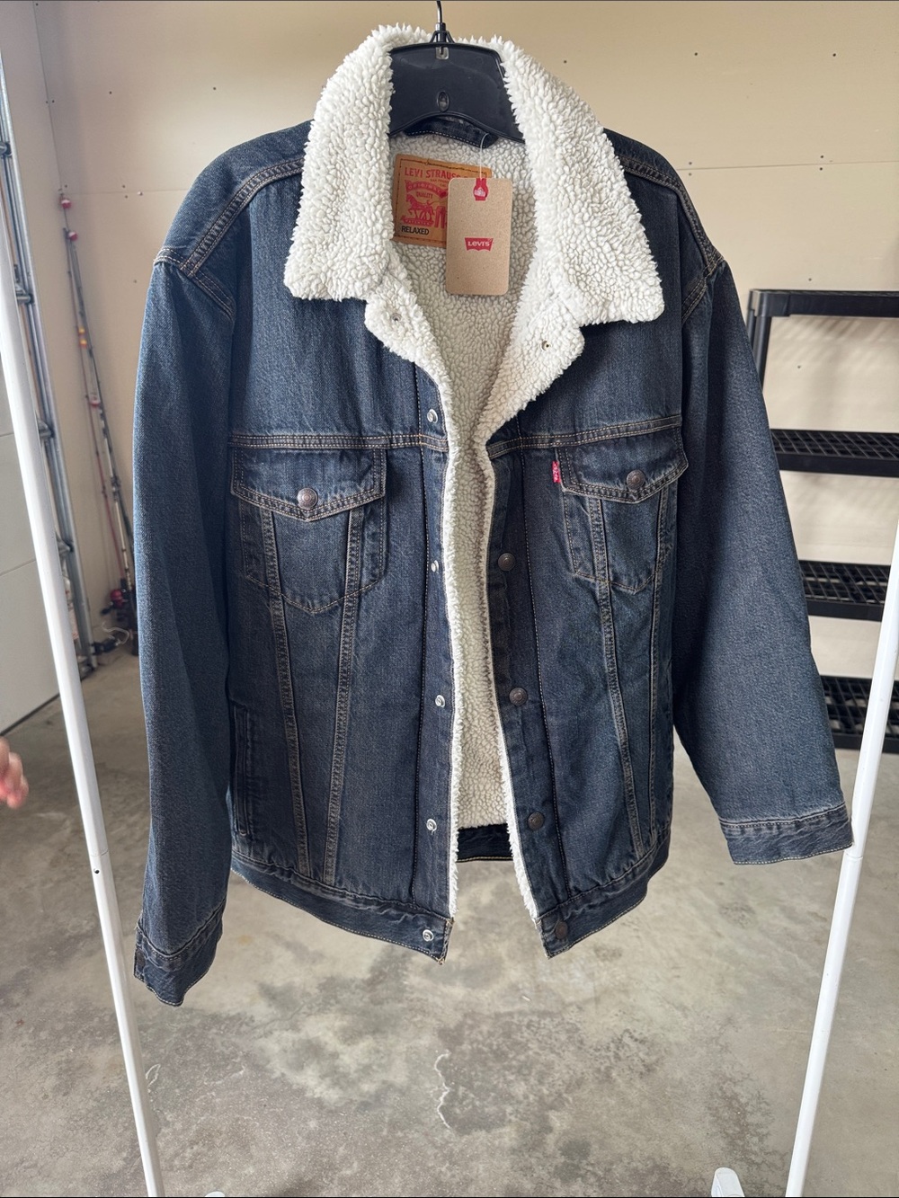 Levi's Dark Blue Denim Jacket with White Sherpa Collar and Lining